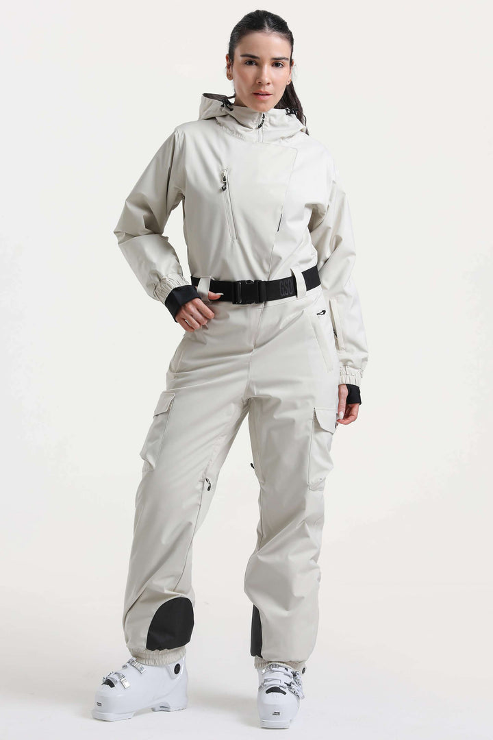 Off-White isolierter, wasserdichter, einteiliger Skianzug mit asymmetrischem Design und Gürtel für Damen 