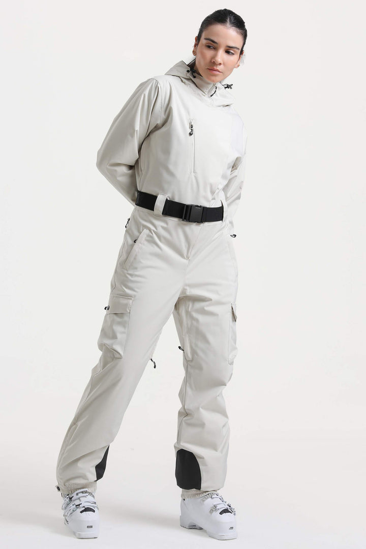 Off-White isolierter, wasserdichter, einteiliger Skianzug mit asymmetrischem Design und Gürtel für Damen 