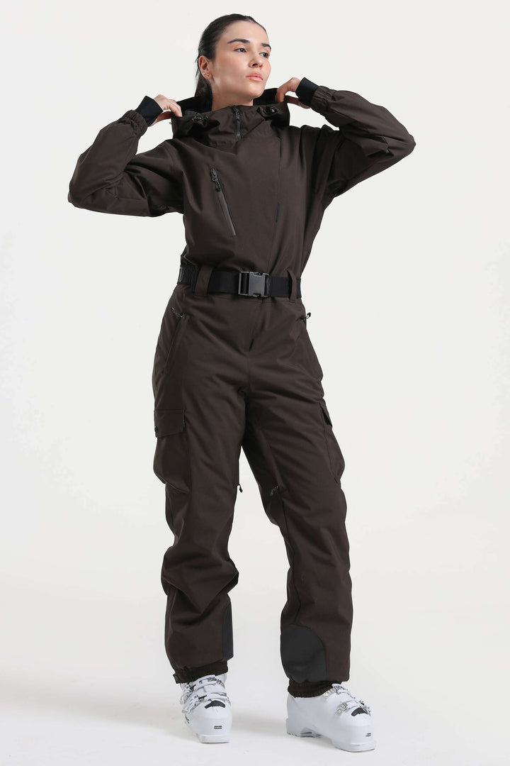 Brauner isolierter, wasserdichter einteiliger Skianzug mit asymmetrischem Design und Gürtel für Damen