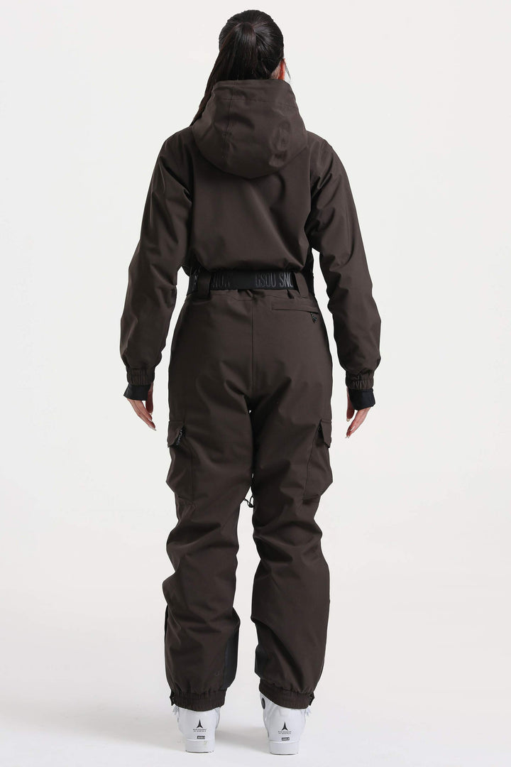 Brauner isolierter, wasserdichter einteiliger Skianzug mit asymmetrischem Design und Gürtel für Damen