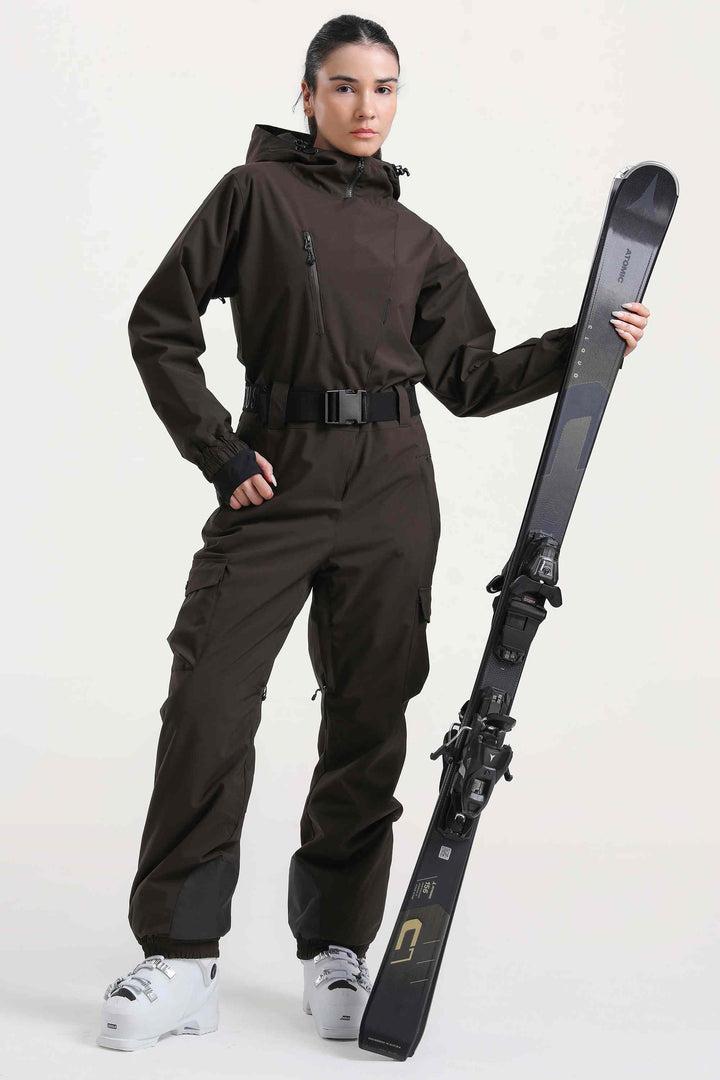 Off-White isolierter, wasserdichter, einteiliger Skianzug mit asymmetrischem Design und Gürtel für Damen 