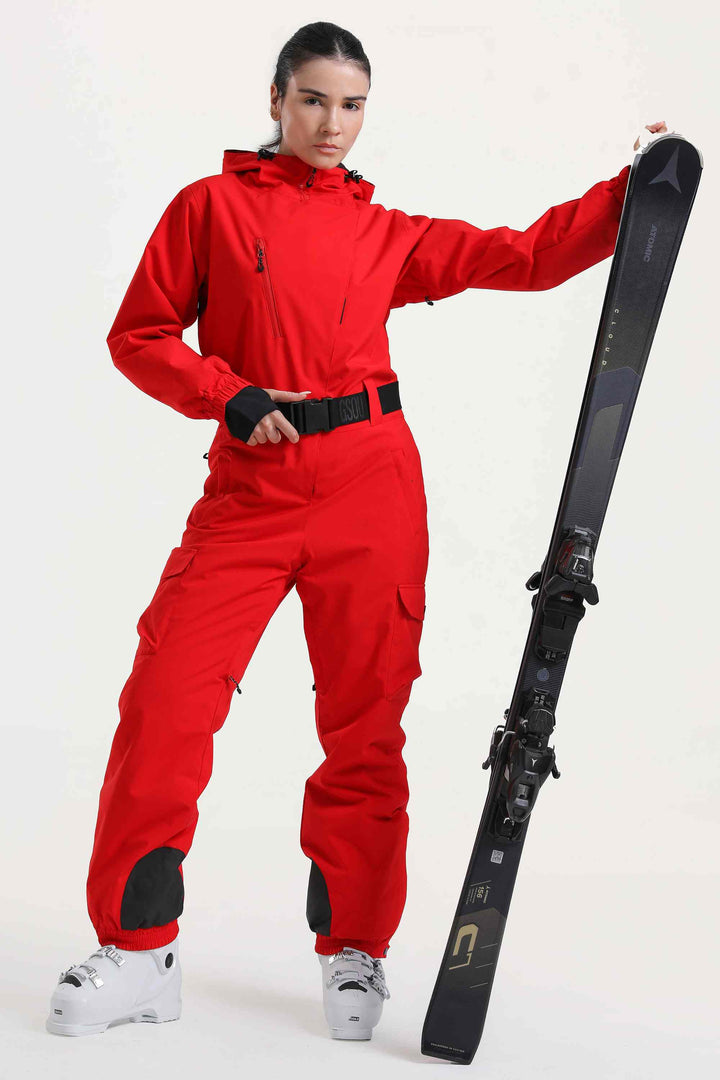 Off-White isolierter, wasserdichter, einteiliger Skianzug mit asymmetrischem Design und Gürtel für Damen 