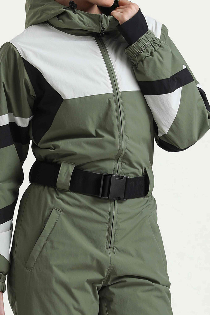 Tuta da sci monopezzo da donna, isolante, color block, verde militare, in tessuto resistente e con tasche multiple