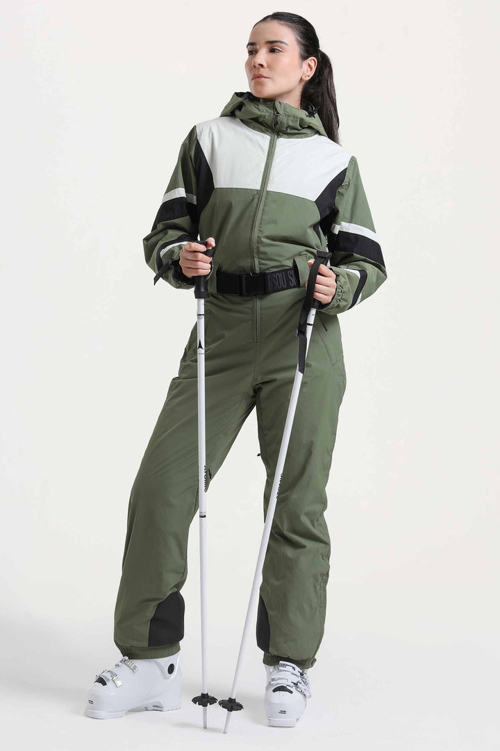 Blauer isolierter, einteiliger Skianzug im Color-Block-Design für Damen mit strapazierfähigem Stoff und mehreren Taschen