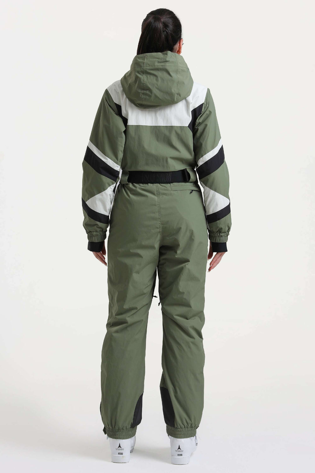 Tuta da sci monopezzo da donna, isolante, color block, verde militare, in tessuto resistente e con tasche multiple