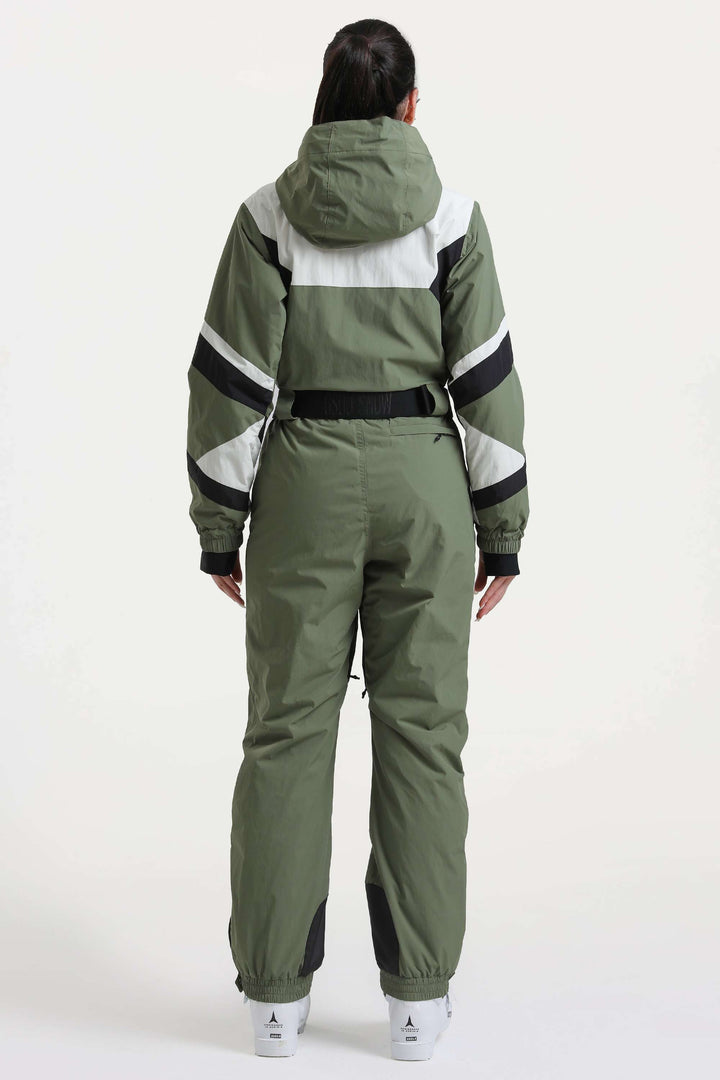 Tuta da sci monopezzo da donna, isolante, color block, verde militare, in tessuto resistente e con tasche multiple