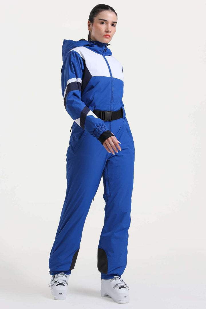 Blauer isolierter, einteiliger Skianzug im Color-Block-Design für Damen mit strapazierfähigem Stoff und mehreren Taschen