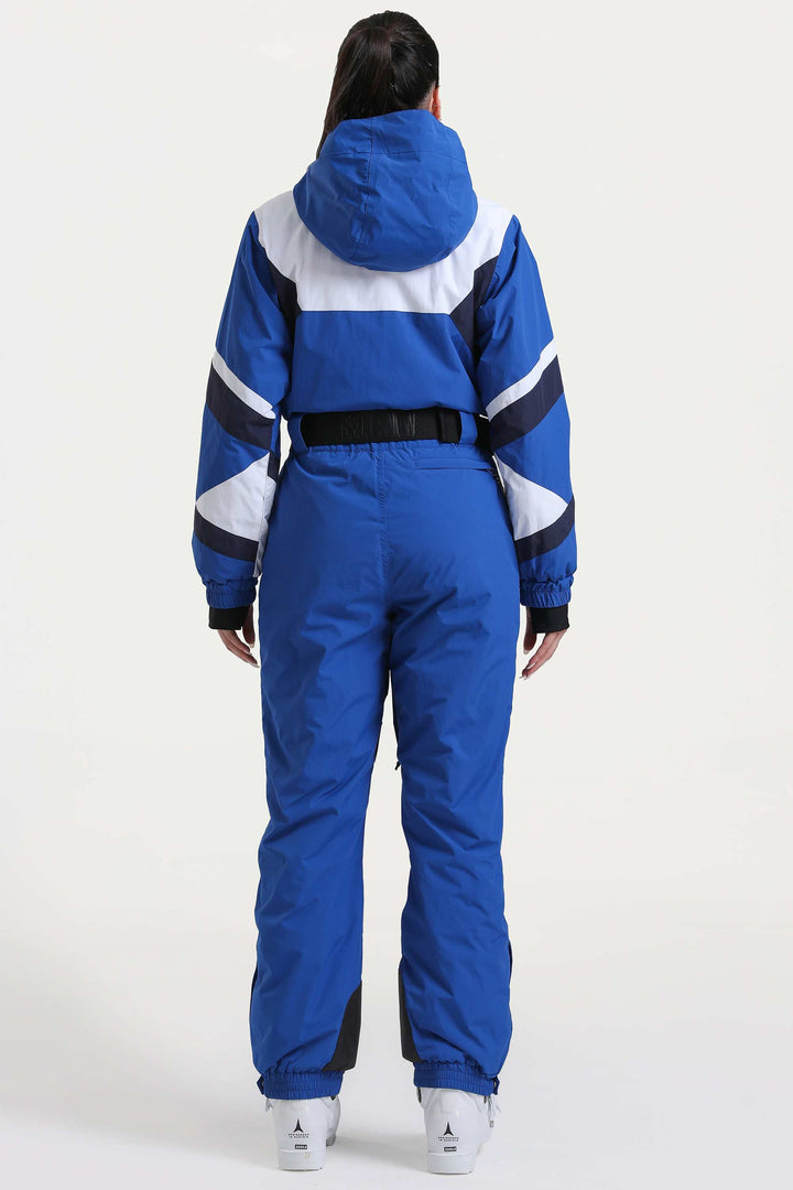 Blauer isolierter, einteiliger Skianzug im Color-Block-Design für Damen mit strapazierfähigem Stoff und mehreren Taschen