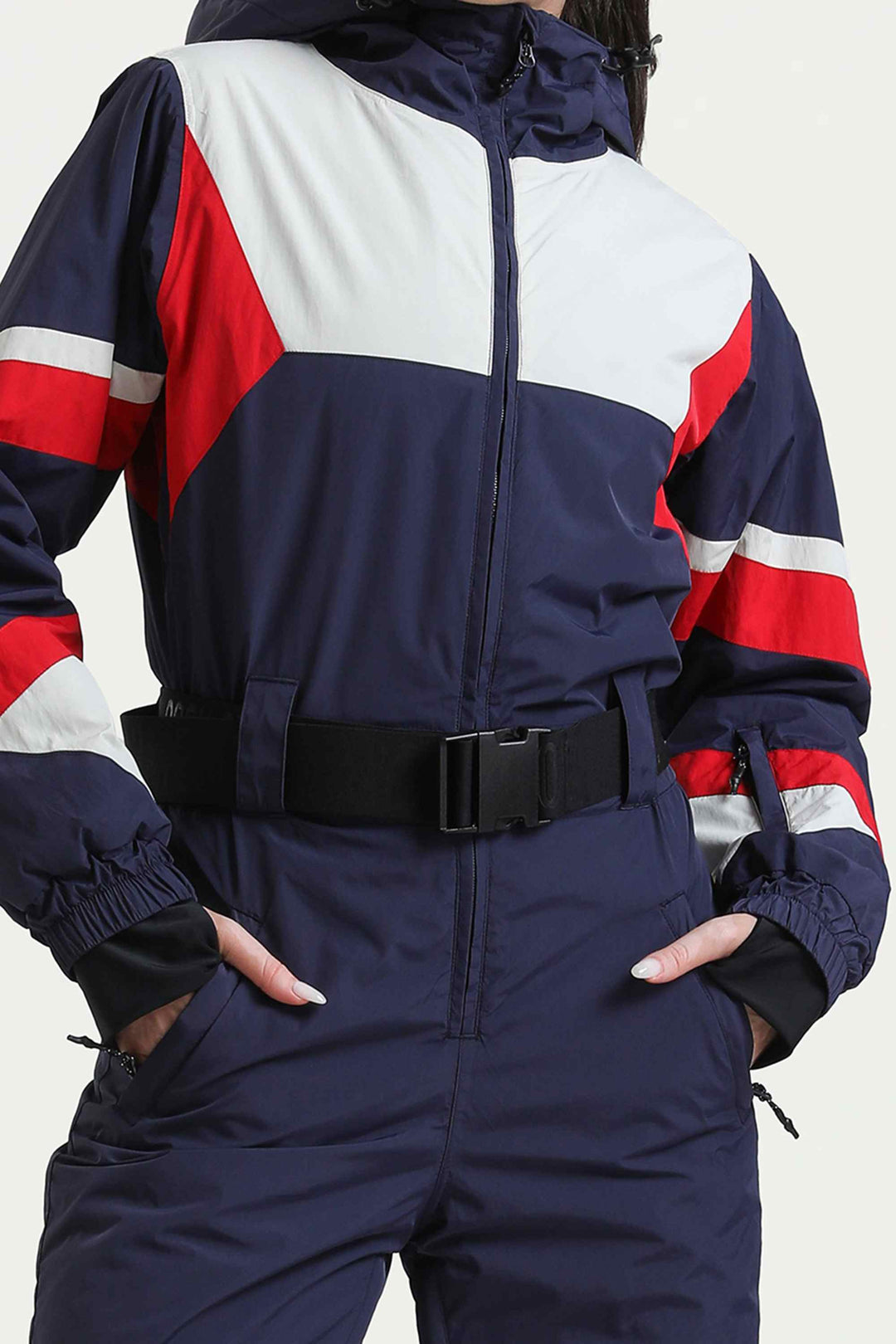 Marineblauer isolierter Utility-Skianzug im Color-Block-Design für Damen mit strapazierfähigem Stoff und mehreren Taschen