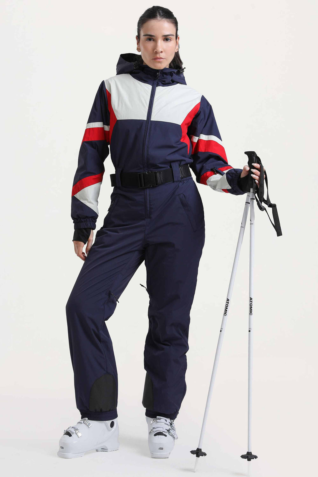 Marineblauer isolierter Utility-Skianzug im Color-Block-Design für Damen mit strapazierfähigem Stoff und mehreren Taschen