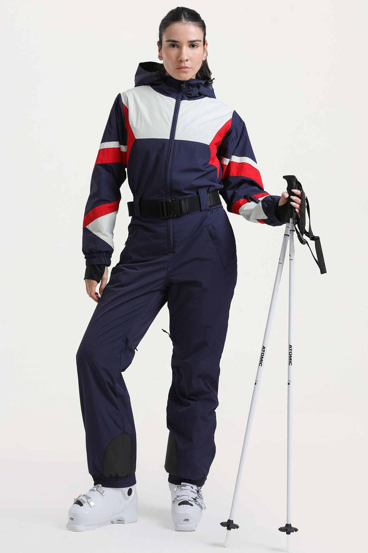 Marineblauer isolierter Utility-Skianzug im Color-Block-Design für Damen mit strapazierfähigem Stoff und mehreren Taschen