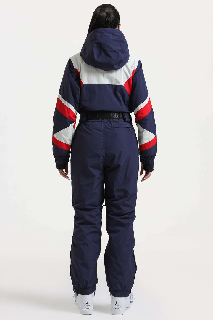 Marineblauer isolierter Utility-Skianzug im Color-Block-Design für Damen mit strapazierfähigem Stoff und mehreren Taschen