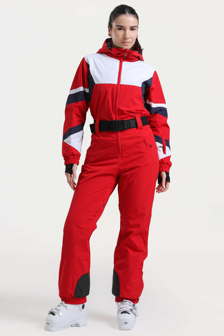 Blauer isolierter, einteiliger Skianzug im Color-Block-Design für Damen mit strapazierfähigem Stoff und mehreren Taschen