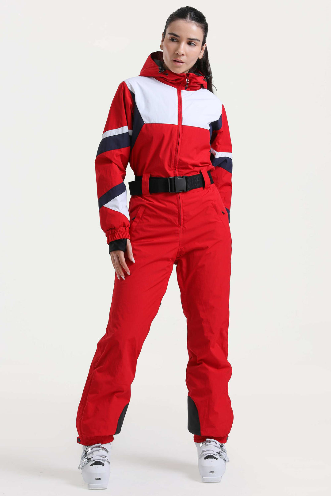 Roter isolierter, einteiliger Skianzug im Color-Block-Design für Damen mit strapazierfähigem Stoff und mehreren Taschen