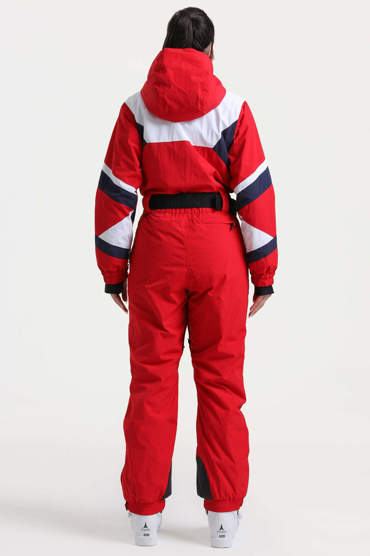 Blauer isolierter, einteiliger Skianzug im Color-Block-Design für Damen mit strapazierfähigem Stoff und mehreren Taschen