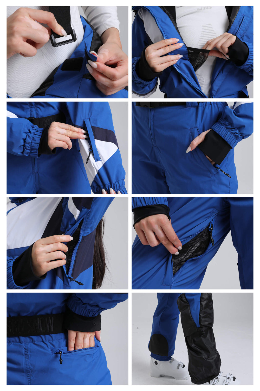 Blauer isolierter, einteiliger Skianzug im Color-Block-Design für Damen mit strapazierfähigem Stoff und mehreren Taschen