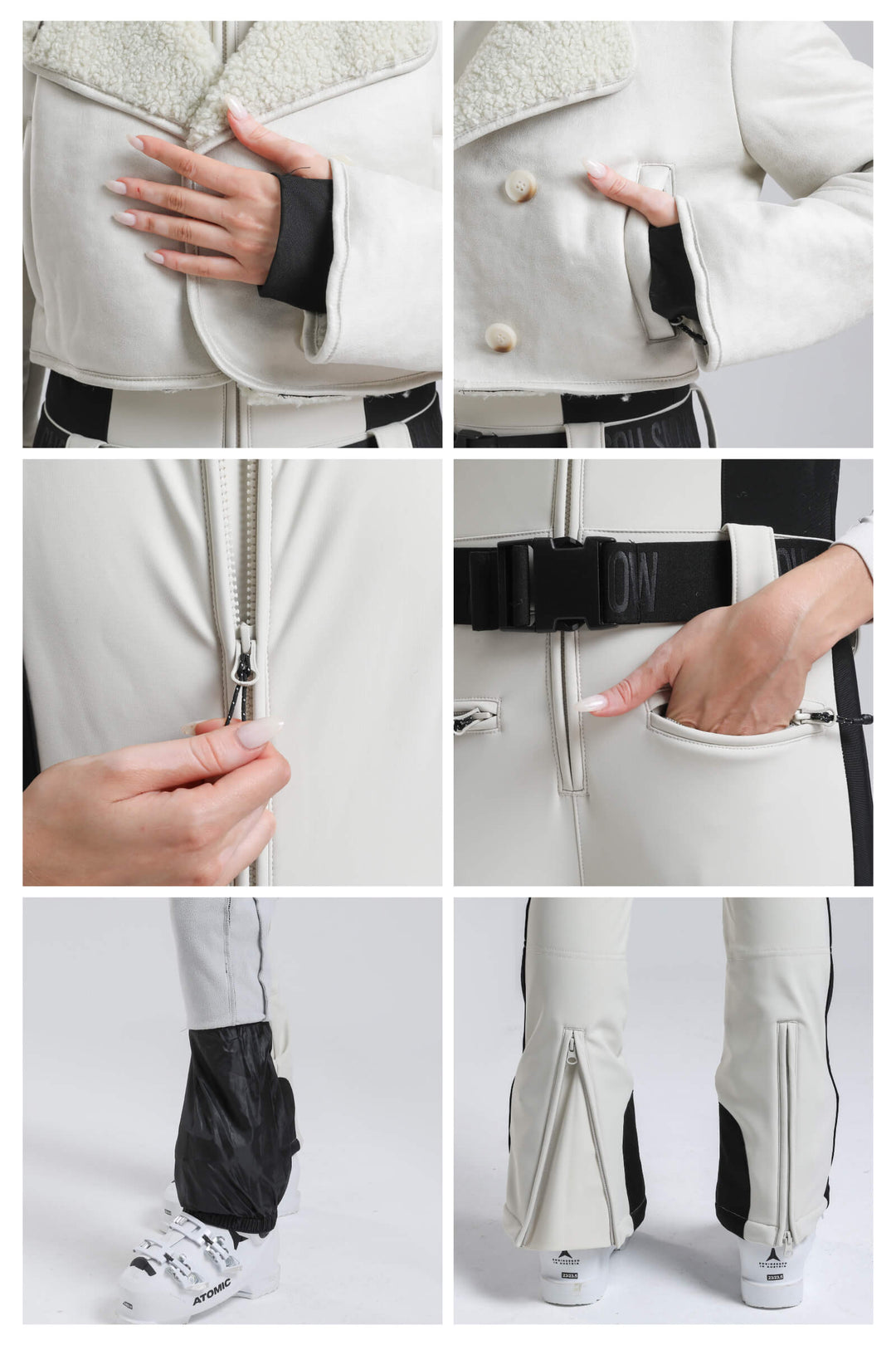 Schicker, schmal geschnittener Skianzug für Damen in Off-White mit abnehmbarer, kuscheliger Sherpa-Jacke und ausgestellten Beinen 