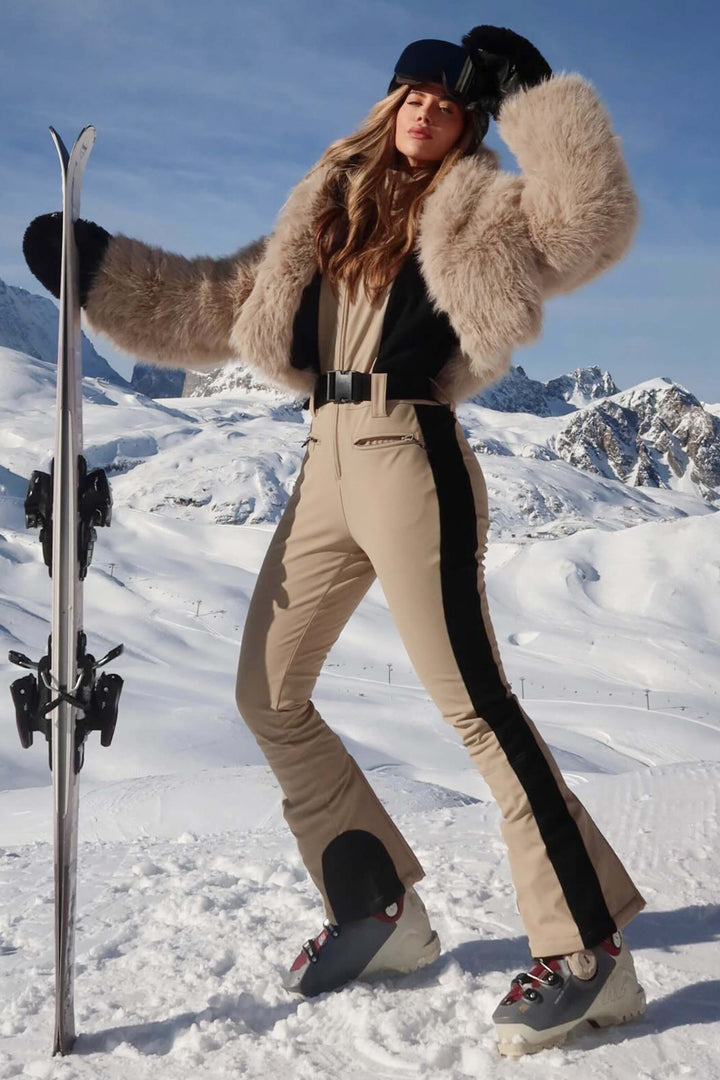 Women's Khaki Stylish Slim-Fit One-Piece Ski Suit with Detachable Faux Fox Fur Jacket & Flared Legs