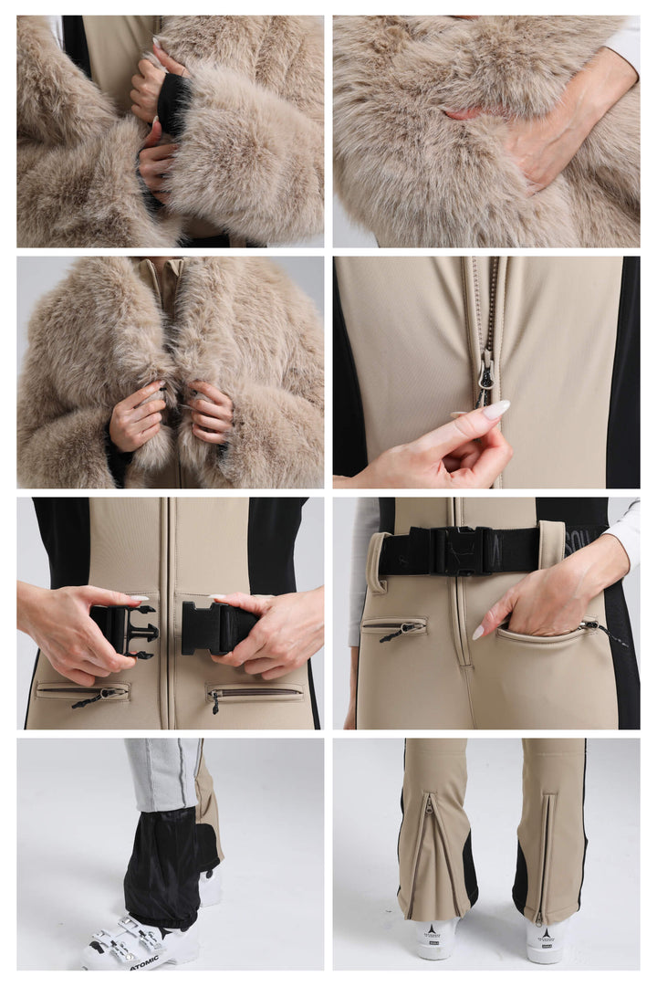 Weißer, stylischer, schmal geschnittener einteiliger Skianzug für Damen mit abnehmbarer Jacke aus Kunstfuchspelz und ausgestellten Beinen 