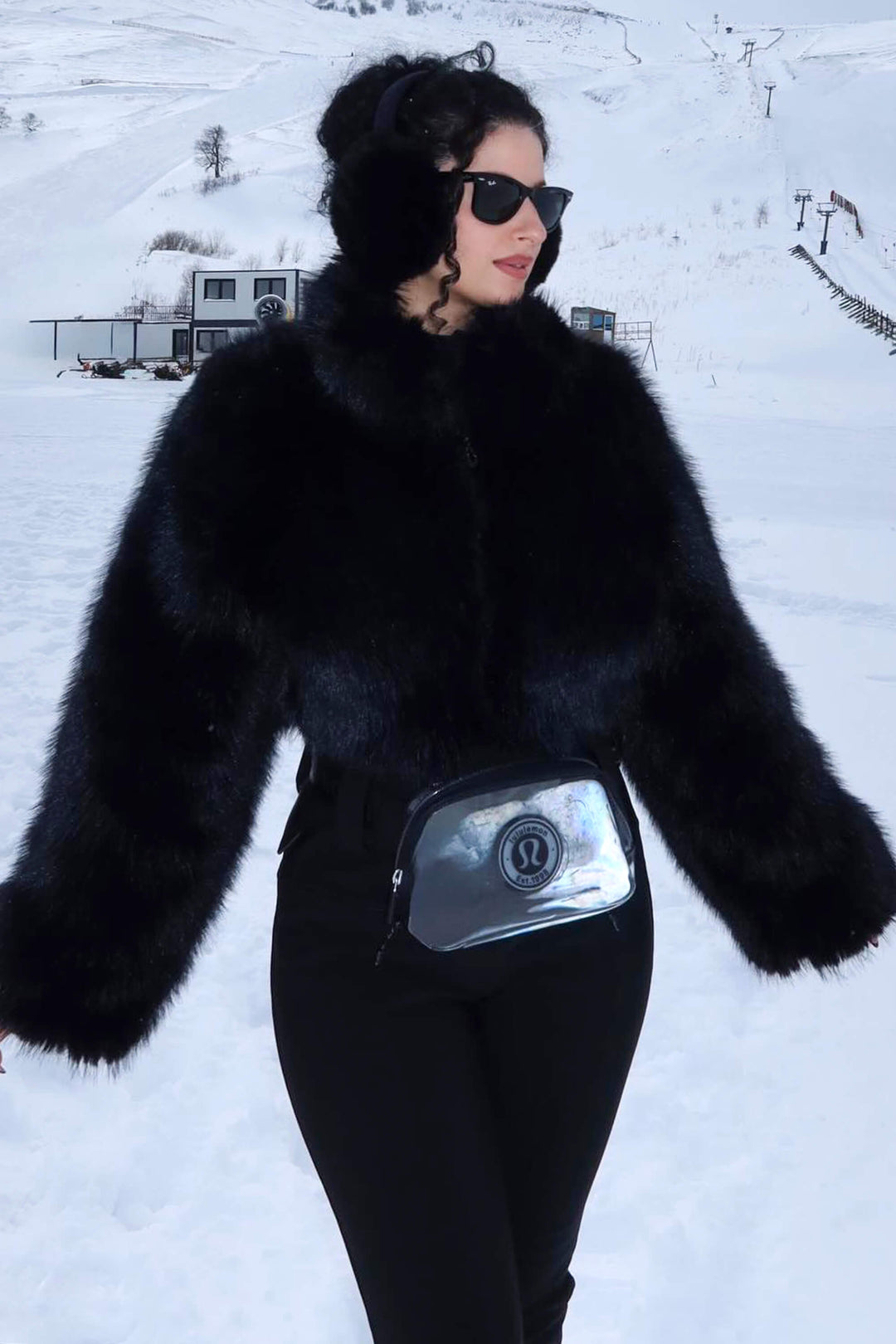 Women's Black Fashion Slim-Fit Stretch One-Piece Ski Suit with Faux Fox Fur Jacket & Flared Legs