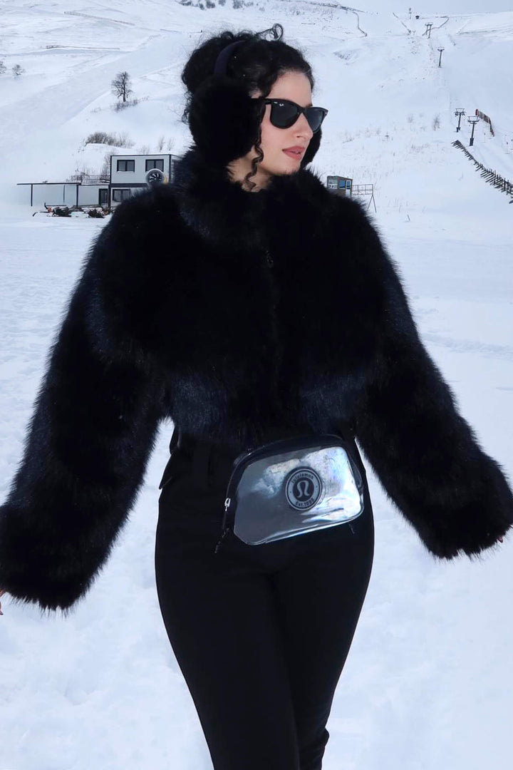 Women's Khaki Fashion Slim-Fit Stretch One-Piece Ski Suit with Faux Fox Fur Jacket & Flared Legs