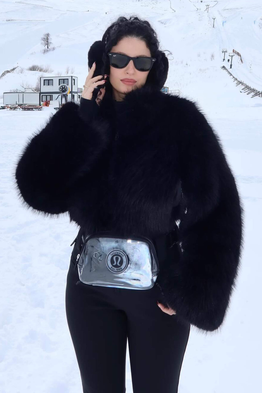 Women's Black Fashion Slim-Fit Stretch One-Piece Ski Suit with Faux Fox Fur Jacket & Flared Legs