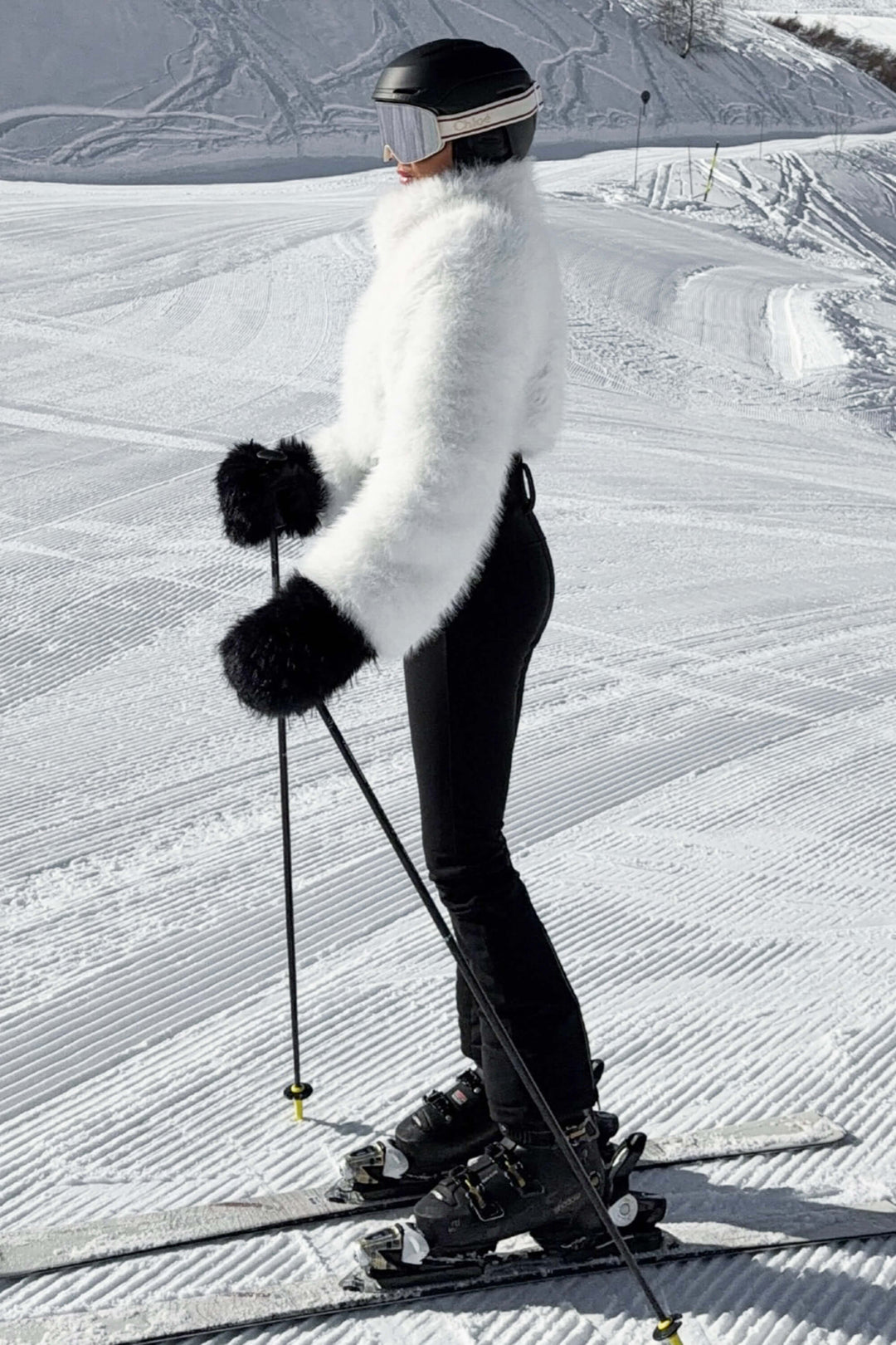 Women's White Fashion Slim-Fit Stretch One-Piece Ski Suit with Faux Fox Fur Jacket & Flared Legs