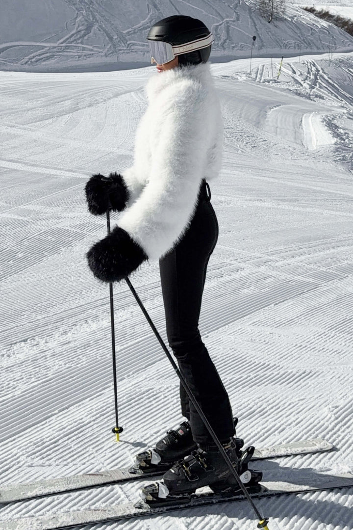Women's White Fashion Slim-Fit Stretch One-Piece Ski Suit with Faux Fox Fur Jacket & Flared Legs