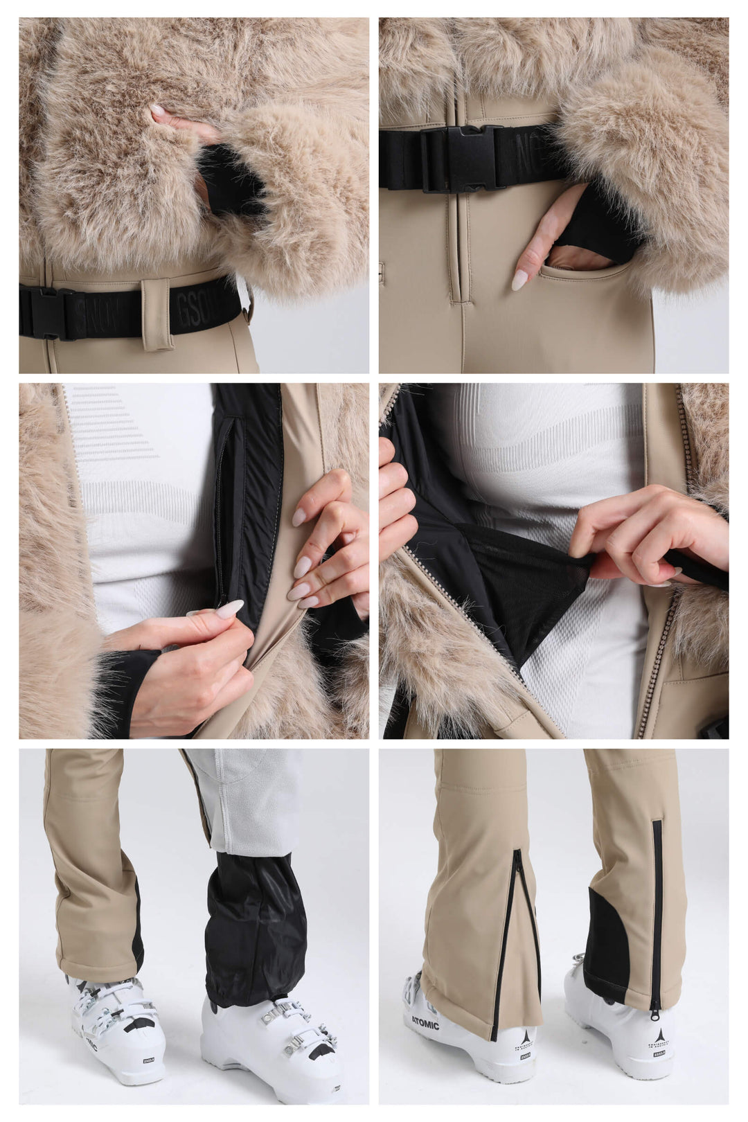 Schwarzer, modischer, schmal geschnittener, einteiliger Skianzug aus Stretchmaterial für Damen mit Jacke aus Kunstfuchspelz und ausgestellten Beinen