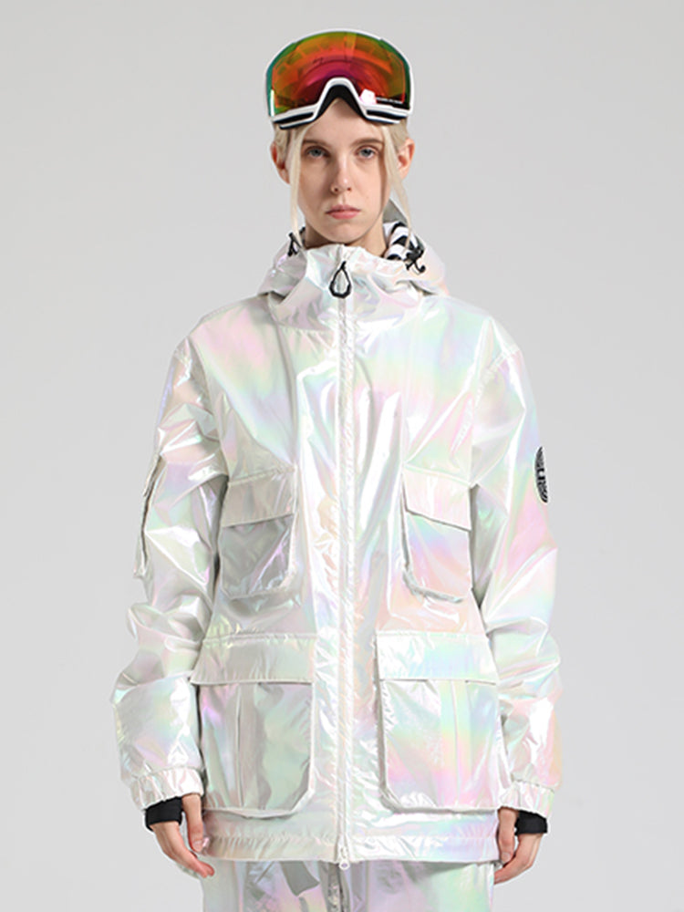 Limettengrüne, glänzende, isolierte, wasserdichte Schneejacke mit mehreren Taschen für Damen 