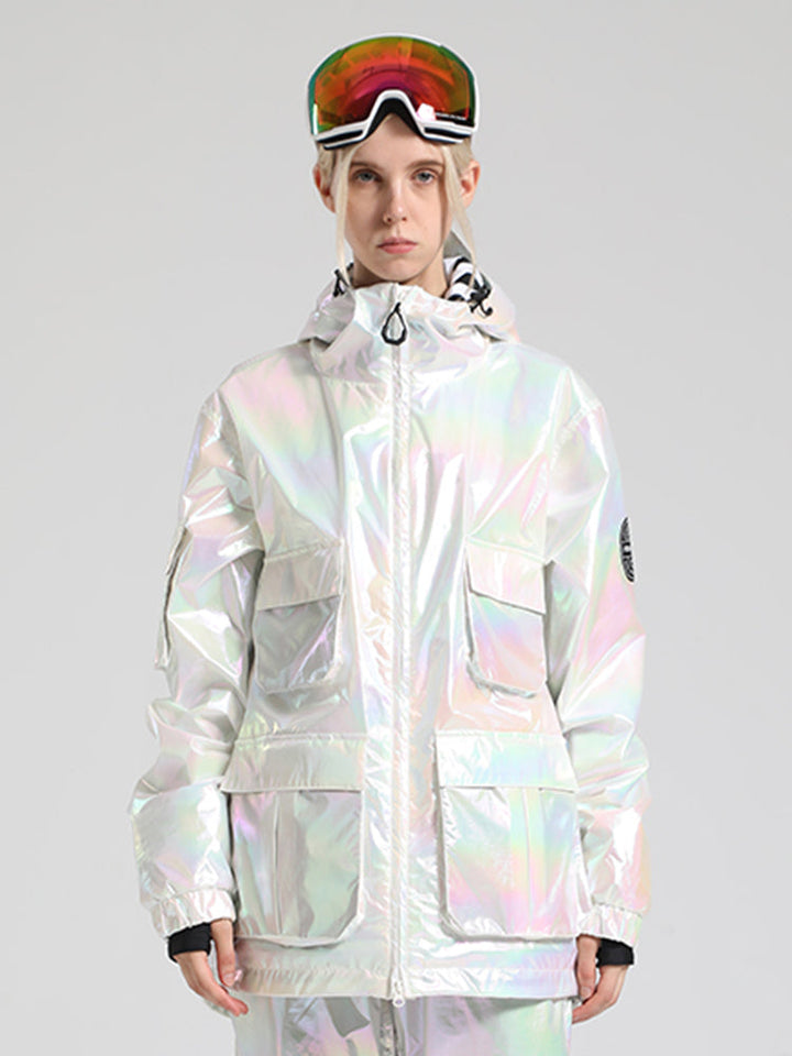 Limettengrüne, glänzende, isolierte, wasserdichte Schneejacke mit mehreren Taschen für Damen 