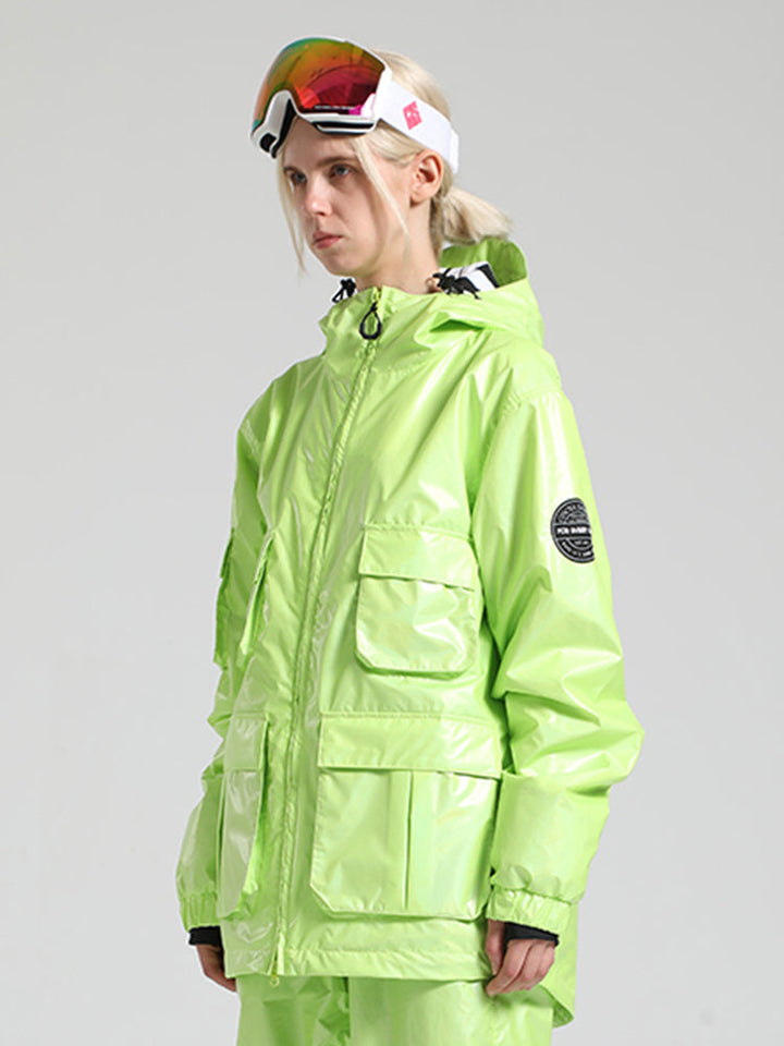 Limettengrüne, glänzende, isolierte, wasserdichte Schneejacke mit mehreren Taschen für Damen 