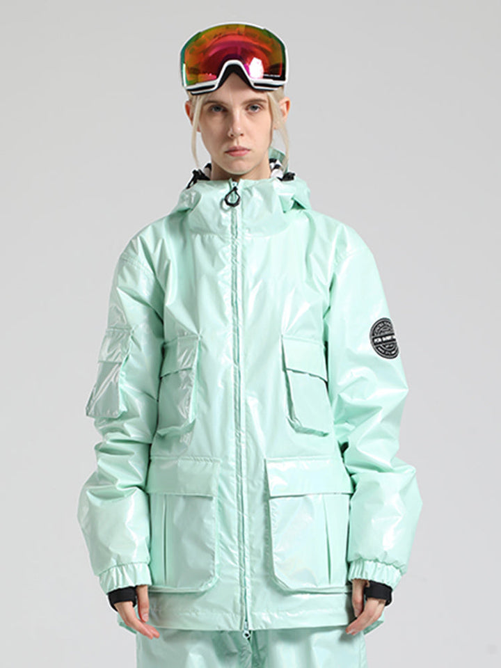 Limettengrüne, glänzende, isolierte, wasserdichte Schneejacke mit mehreren Taschen für Damen 