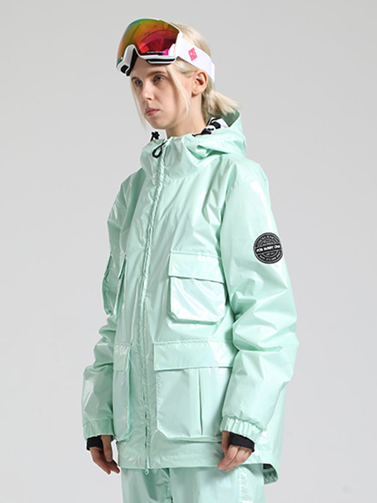 Limettengrüne, glänzende, isolierte, wasserdichte Schneejacke mit mehreren Taschen für Damen 