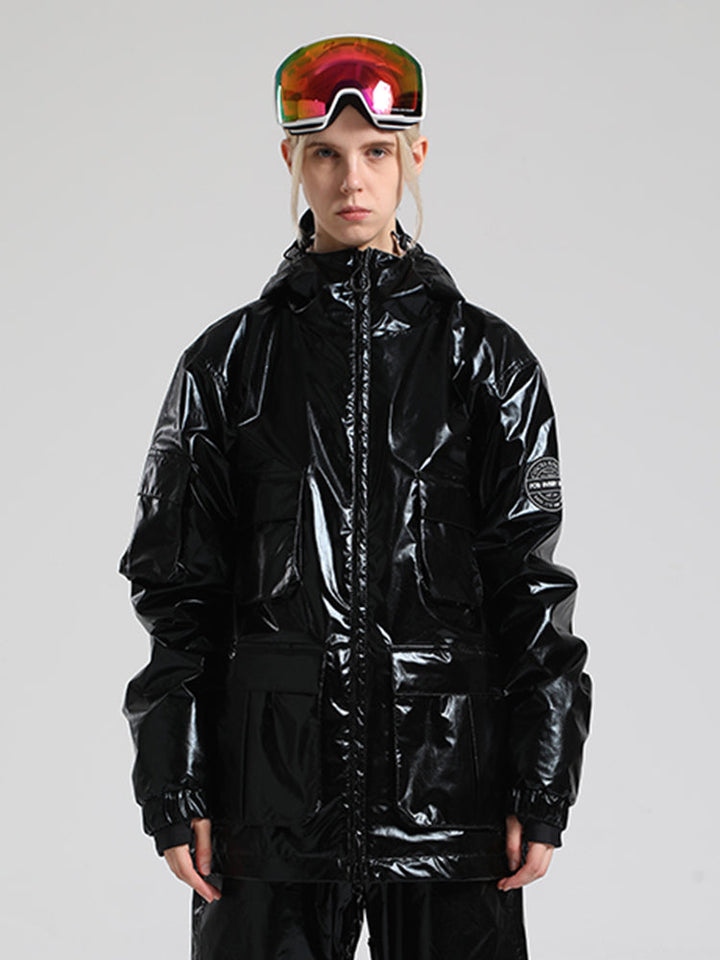 Limettengrüne, glänzende, isolierte, wasserdichte Schneejacke mit mehreren Taschen für Damen 