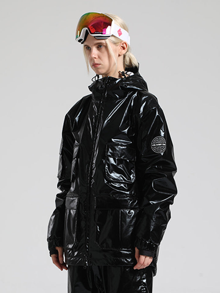 Limettengrüne, glänzende, isolierte, wasserdichte Schneejacke mit mehreren Taschen für Damen 