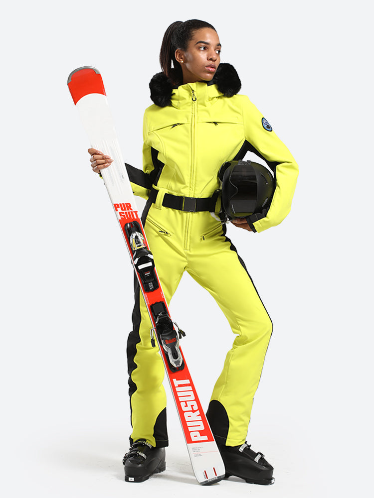 Women's Minimalist Faux Fur Red Down One-piece Ski Suits – GSou Snow