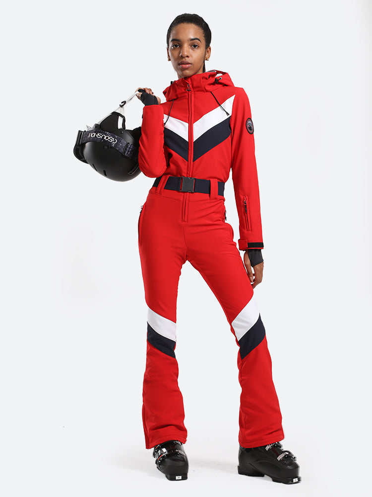 one piece salomon ski suits Women's Black Slim-Fit Waterproof One-Piece Ski Suits Red / M