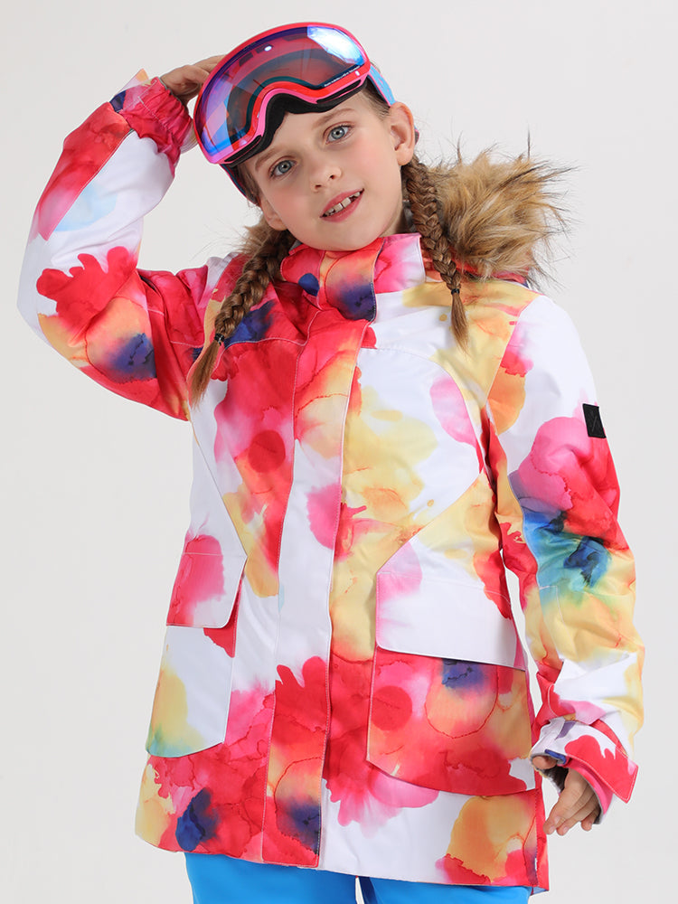 Red Flower Winter Kids Colorful Snowboard Jacket Waterproof Windproof