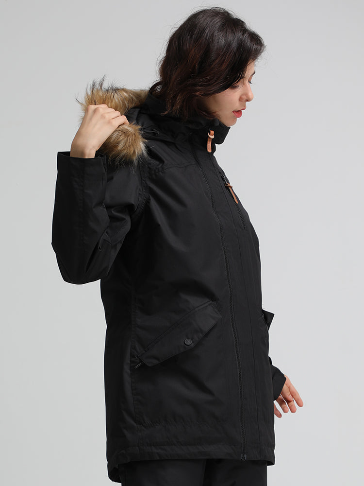  Black solid color Womens Hooded Ski Jacket Waterproof Snowboard Jacket
