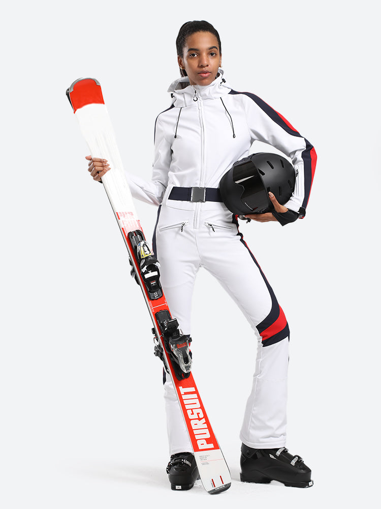 Gsou Snow Damen-Einteiler-Skianzug mit vertikalen Streifen und Kapuze 