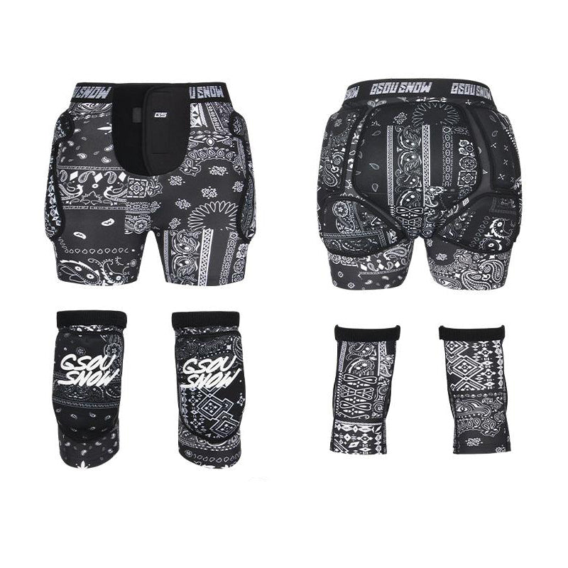 Gsou Snow Adult Black Flower Ski Snowboard Protective Gear Shorts And Knee Pads Set
